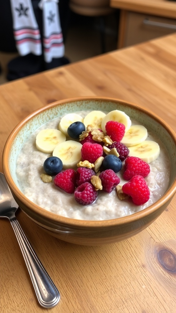 Vegan Oatmeal Recipe with Fruit and Nuts A bowl of oatmeal with banana, berries, and nuts on a wooden table.